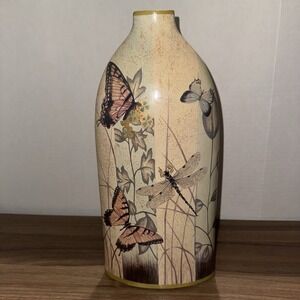 Butterflies; Dragonflies‎ & Flowers Beige Blue Green Gold 14.4" Decorative Vase